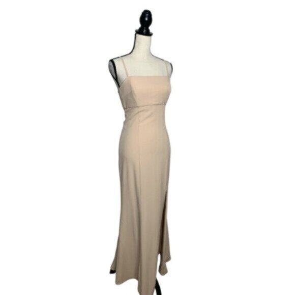 Amsale Nude Beige Spaghetti Strap Maxi Evening Gown - Picture 6 of 14
